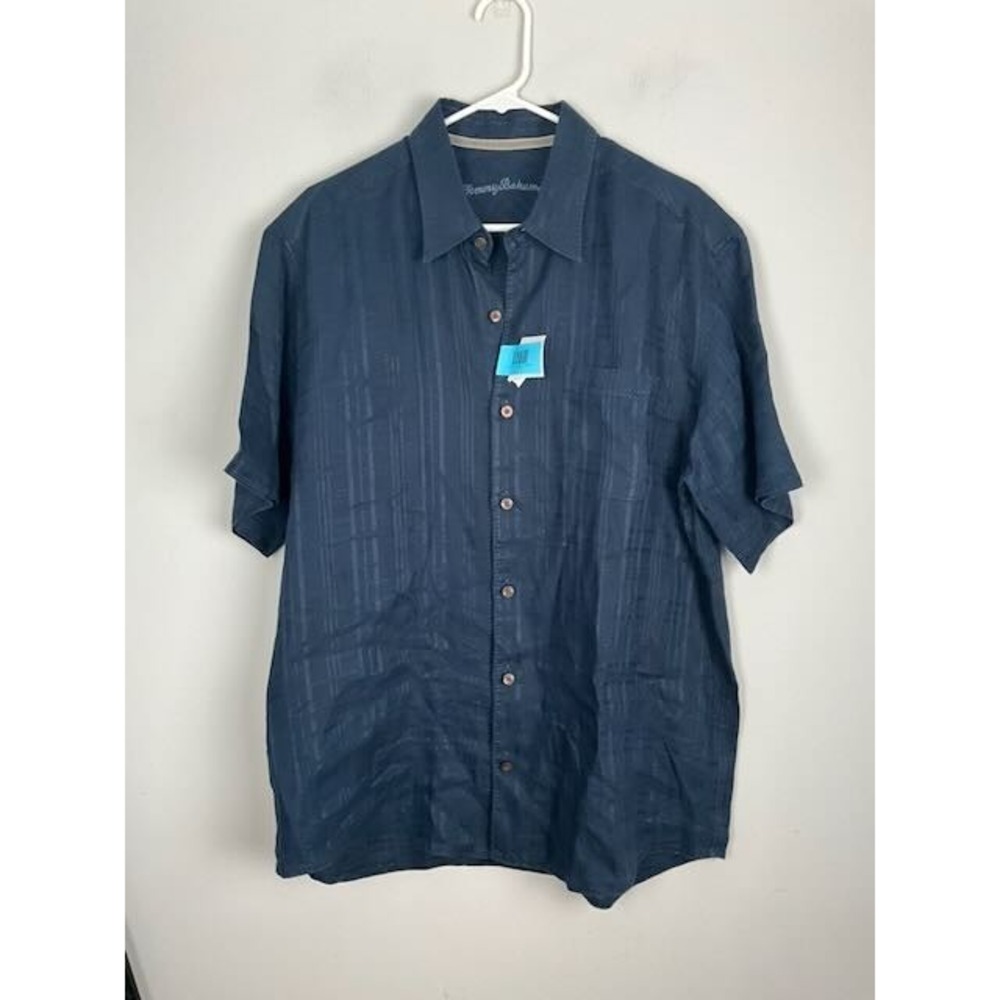 Tommy Bahama 100% Linen Shirt Mens L Blue Textured Short Sleeve Casual Button Up
